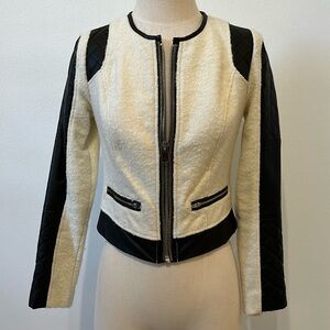 Bebe Wool Cropped Jacket with Faux Leather and Zipper Design Accents - XS.